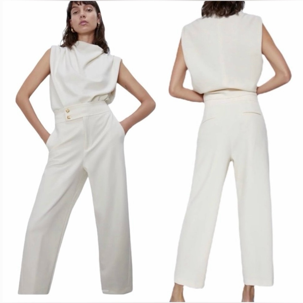 Zara Cream Pleated Trousers High Waist XS